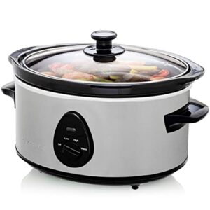 ovente 3.7 qt electric slow cooker with 3 settings, dishwasher-safe pot, tempered glass lid - portable multicooker for soups, sauces, stews & dips