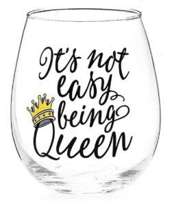 bnb novelty stemless wine glass its not easy being queen funny gift 16 ounce clear glass with black script and gold crown in acetate box with black satin bow, 1 per order