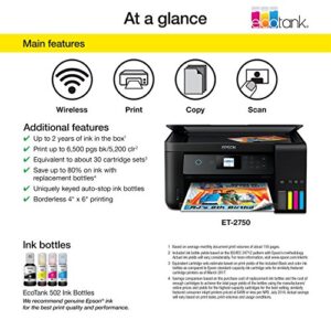 Epson EcoTank ET-2750 Wireless Color All-in-One Cartridge-Free Supertank Printer with Scanner, Copier and Ethernet, Regular