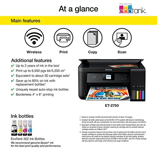 Epson EcoTank ET-2750 Wireless Color All-in-One Cartridge-Free Supertank Printer with Scanner, Copier and Ethernet, Regular