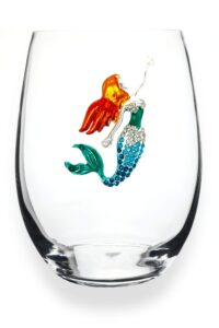 the queens' jewels mermaid jeweled stemless wine glass, 21 oz. - unique gift for women, birthday, cute, fun, beach, not painted, decorated, bling, bedazzled, rhinestone