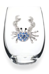 the queens' jewels - blue crab stemless wine glass, 21 oz. - coastal elegance with rhinestone sparkle - hand-decorated glassware - not painted - dazzling and unique