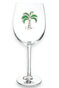the queens' jewels green diamond palm tree wine glass (stemmed) - 21 oz. - tropical getaway with rhinestone glam - hand-decorated glassware – not painted - dazzling and unique