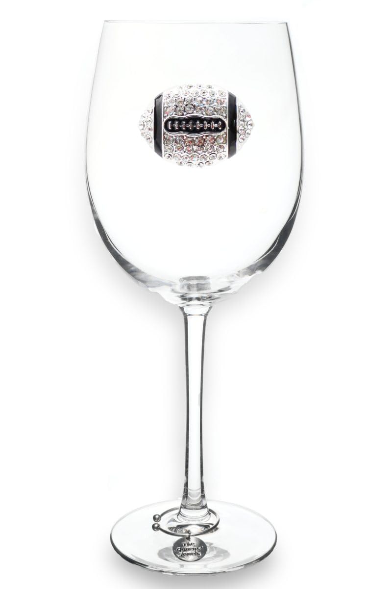 THE QUEENS' JEWELS Football (Diamond and Black) Jeweled Stemmed Wine Glass, 21 oz. - Unique Gift for Women, Birthday, Cute, Fun, Not Painted, Decorated, Bling, Bedazzled, Rhinestone