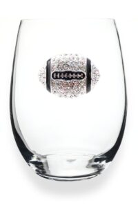the queens' jewels football (diamond and black) jeweled stemless wine glass, 21 oz. - unique gift for women, birthday, cute, fun, not painted, decorated, bling, bedazzled, rhinestone