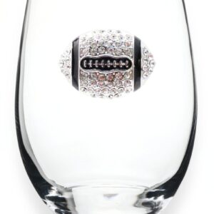 THE QUEENS' JEWELS Football (Diamond and Black) Jeweled Stemless Wine Glass, 21 oz. - Unique Gift for Women, Birthday, Cute, Fun, Not Painted, Decorated, Bling, Bedazzled, Rhinestone