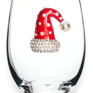 THE QUEENS' JEWELS Christmas Hat Jeweled Stemless Wine Glass, 21 oz. - Unique Gift for Women, Birthday, Cute, Fun, Holiday, Not Painted, Decorated, Bling, Bedazzled, Rhinestone