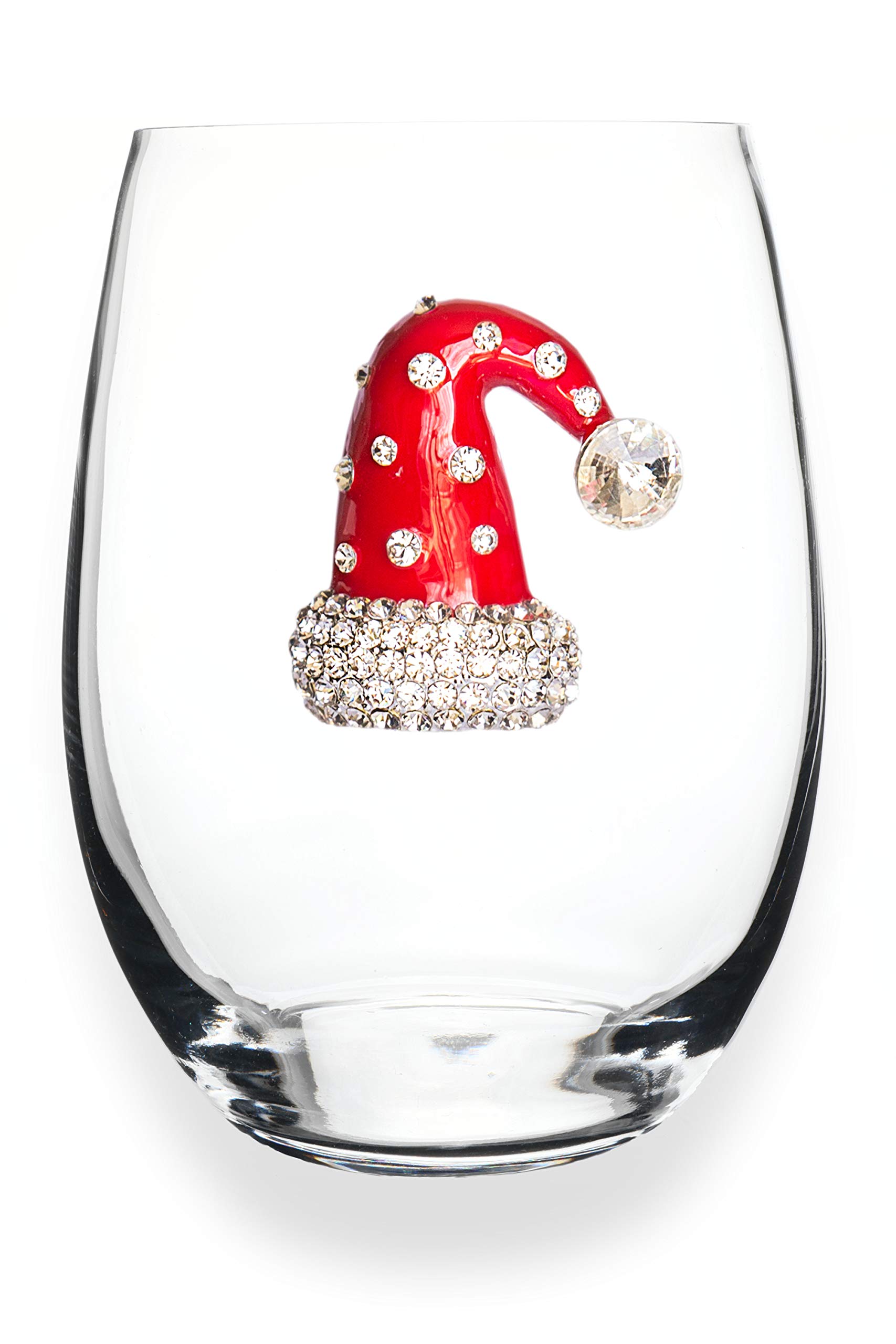 THE QUEENS' JEWELS Christmas Hat Jeweled Stemless Wine Glass, 21 oz. - Unique Gift for Women, Birthday, Cute, Fun, Holiday, Not Painted, Decorated, Bling, Bedazzled, Rhinestone