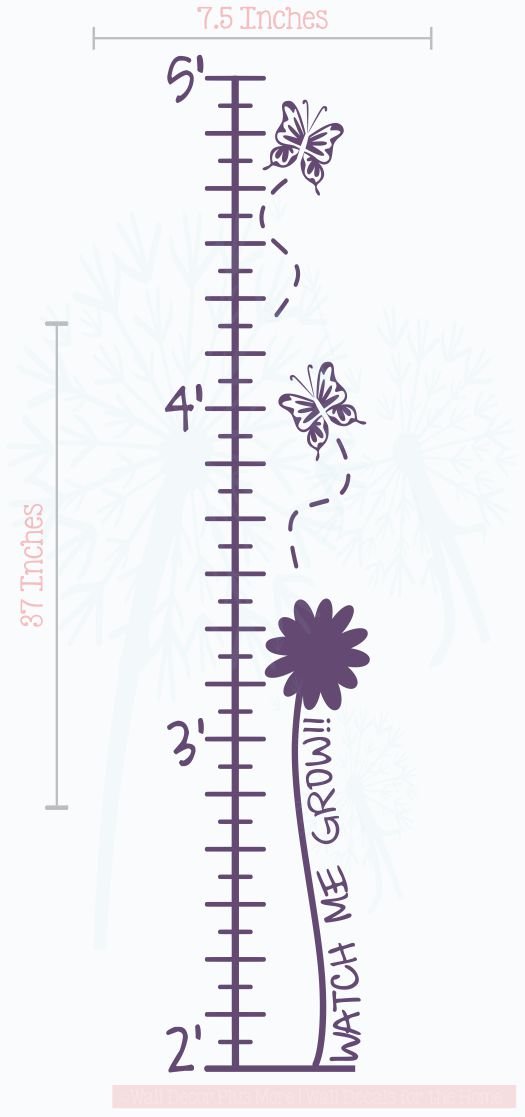 Butterflies and Flowers Growth Chart Vinyl Decals Girls Decor Stickers 7.5x37-Inch Plum