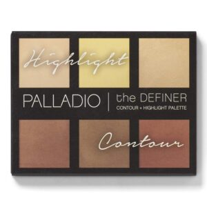 palladio definer contour and highlight palette, perfect for sculpting facial features, blendable satin finish colors, 6 shades for contouring and highlighting, compact powder with mirror