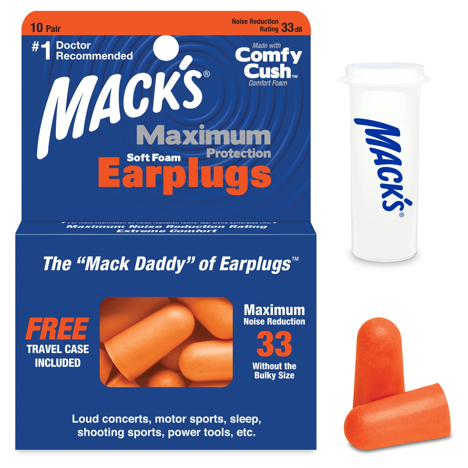 Mack’s Maximum Protection Soft Foam Earplugs – 10 Pair, 33 dB Highest NRR – Comfortable Ear Plugs for Sleeping, Snoring, Loud Concerts, Motorcycles and Power Tools | Made in USA