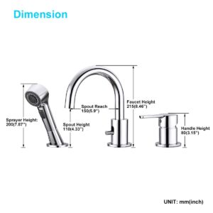 CREA Bathroom Faucet 3 Hole Bathtub Widespread Sink Faucets Chrome with Shower Diverter Pull Out Shower Head Roman Bathtub Waterfall Spout Filler Faucet for Baby Pet Dog Cat Bath Hair Washing