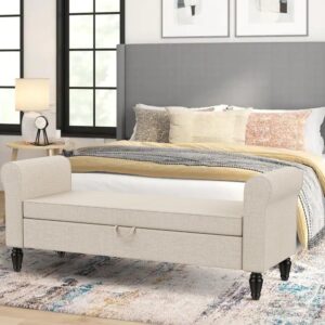 alish modern storage bench with arms, 54“ king button tufted bed bench entryway bench with storage, upholstered bedroom bench for living room bedroom light beige