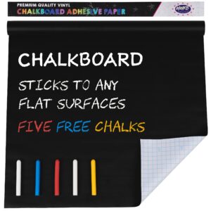 mmfb black board sticker dry erase, chalkboard wallpaper stick and peel adhesive roll with 5 chalks for wall, tables, schools, home (17.8" x 90.5", 1 pack)
