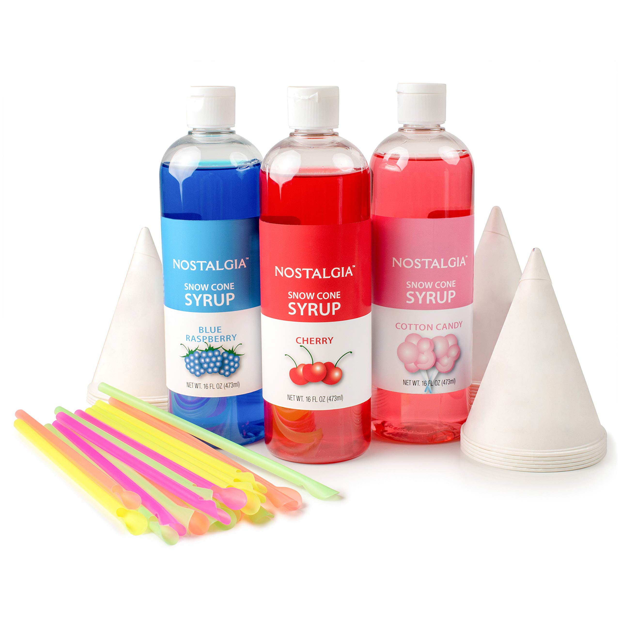 Nostalgia Premium Snow Cone Party Kit, 3 Syrups, Blue Raspberry, Cherry, Cotton Candy, 20 Cups & Spoon Straws