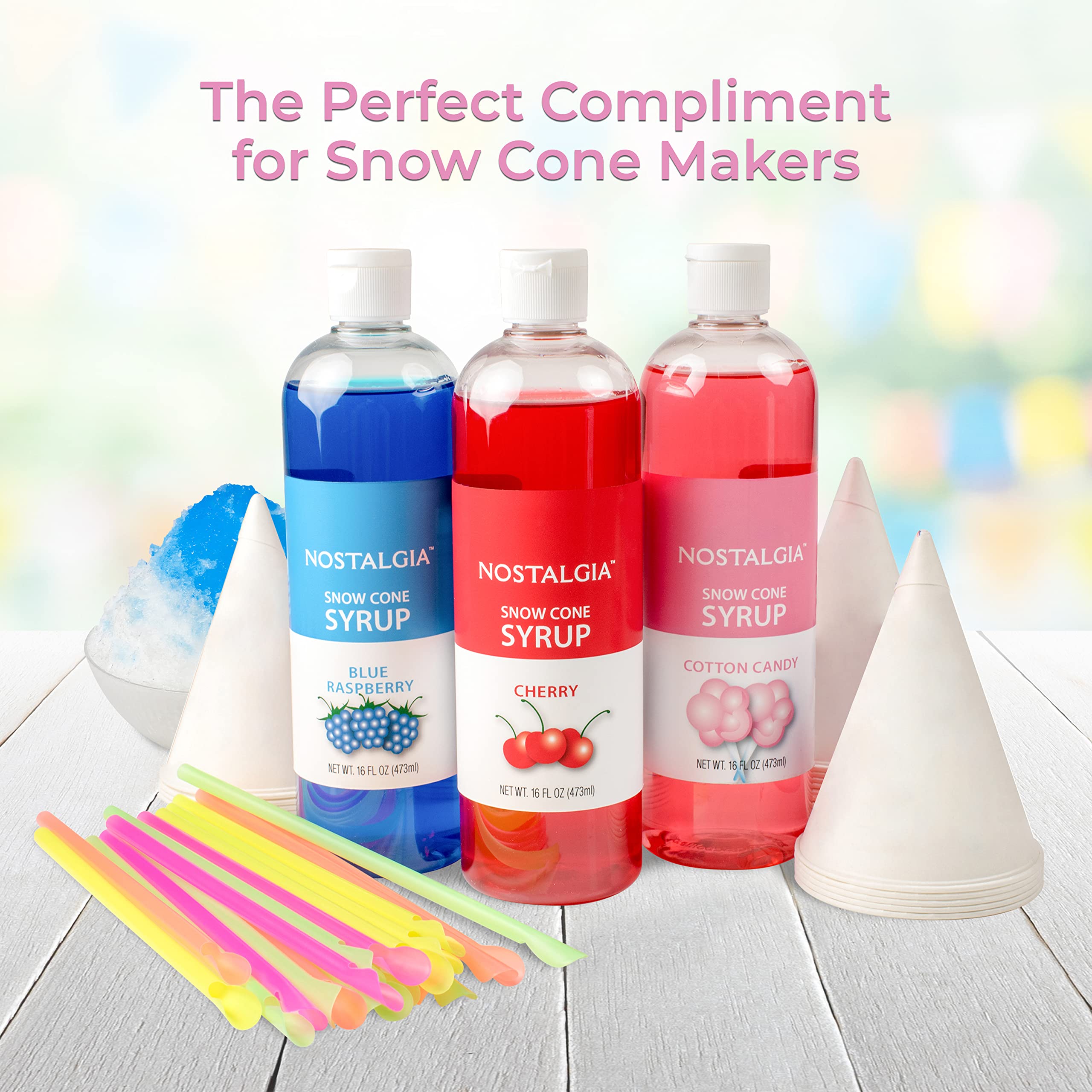 Nostalgia Premium Snow Cone Party Kit, 3 Syrups, Blue Raspberry, Cherry, Cotton Candy, 20 Cups & Spoon Straws