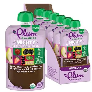 plum organics mighty 4 organic toddler food - pear, cherry, blackberry, strawberry, black bean, spinach, and oat - 4 oz pouch (pack of 6) - organic fruit and vegetable toddler food pouch