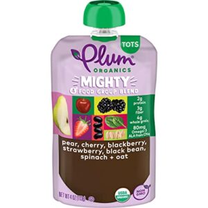 Plum Organics Mighty 4 Organic Toddler Food - Pear, Cherry, Blackberry, Strawberry, Black Bean, Spinach, and Oat - 4 oz Pouch (Pack of 6) - Organic Fruit and Vegetable Toddler Food Pouch