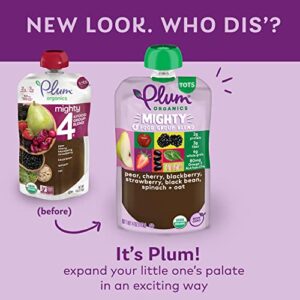 Plum Organics Mighty 4 Organic Toddler Food - Pear, Cherry, Blackberry, Strawberry, Black Bean, Spinach, and Oat - 4 oz Pouch (Pack of 6) - Organic Fruit and Vegetable Toddler Food Pouch