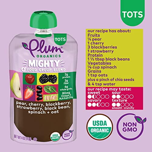 Plum Organics Mighty 4 Organic Toddler Food - Pear, Cherry, Blackberry, Strawberry, Black Bean, Spinach, and Oat - 4 oz Pouch (Pack of 6) - Organic Fruit and Vegetable Toddler Food Pouch