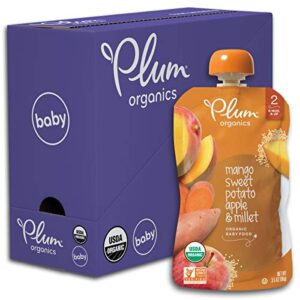 plum organics baby food pouch | stage 2 | mango, sweet potato, apple & millet | 3.5 ounce | 6 pack | fresh organic food squeeze | for babies, kids, toddlers
