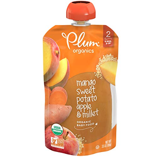 Plum Organics Baby Food Pouch | Stage 2 | Mango, Sweet Potato, Apple & Millet | 3.5 Ounce | 6 Pack | Fresh Organic Food Squeeze | For Babies, Kids, Toddlers