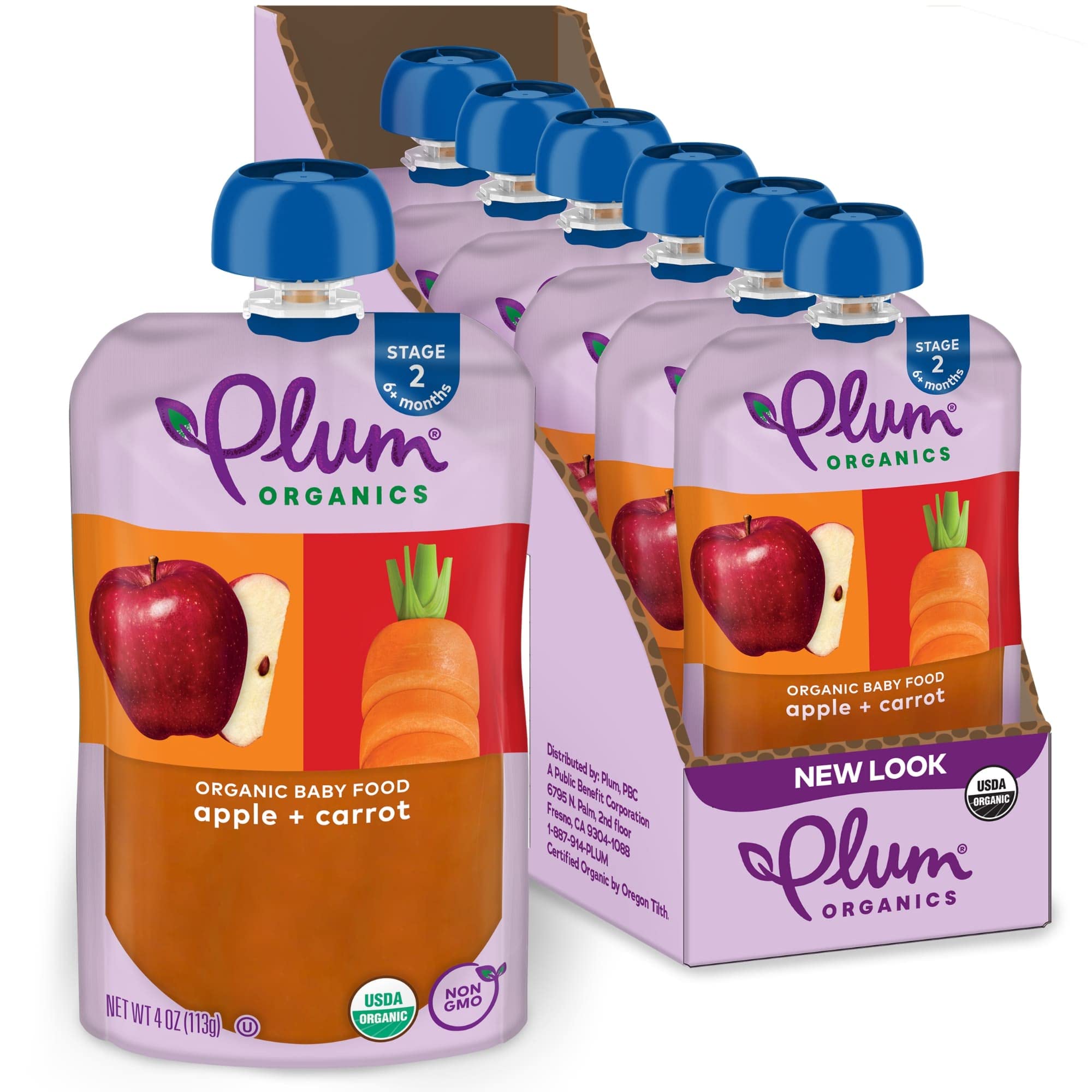 Plum Organics Stage 2 Organic Baby Food - Apple and Carrot - 4 oz Pouch (Pack of 6) - Organic Fruit and Vegetable Baby Food Pouch