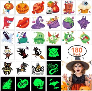 wavejoe 180pcs assorted halloween tattoos, 30 designs including 36 glow in the night children tattoos halloween trick or treat ghost monster pumpkin tattoos