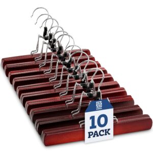 zober high-grade wooden pants hangers with clips, 10 pack, non-slip, space saver, rotatable 360 hook, smooth cherry wood finish
