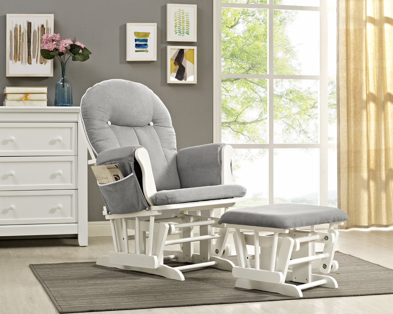 Angel Line Celine Glider and Ottoman, White/Gray Cushion with White Piping