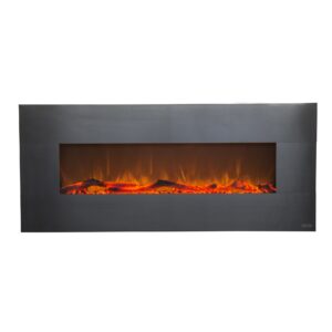 touchstone 80026 - stainless electric fireplace - (stainless) - 50 inch wide - on-wall hanging - log & crystal included - 5 flame settings - realistic flame - 1500/750w - timer & remote