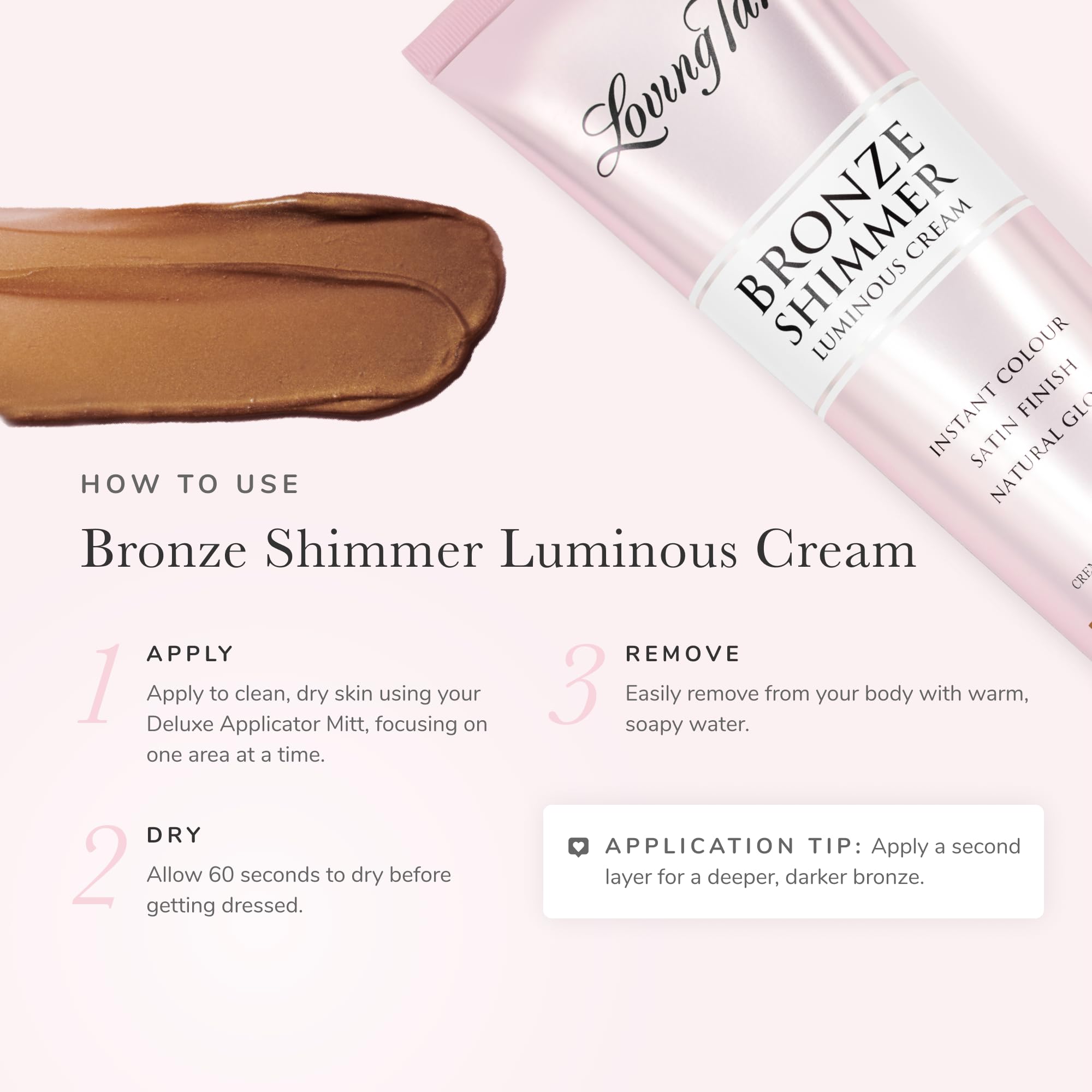 Loving Tan Bronze Shimmer Luminous Cream, Medium - Streak Free, Natural Looking, Instant Sunless Tanner - 6+ Self Tanning Applications per Tube, Cruelty Free - 4 FL Oz