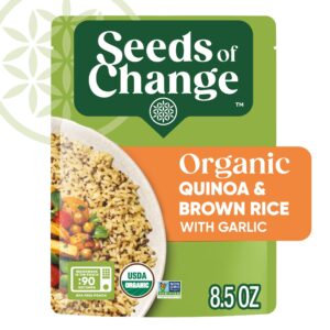 seeds of change organic quinoa & brown rice with garlic, microwaveable ready to heat, 8.5 ounce (pack of 12)