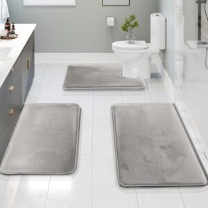 clara clark 3 piece bathroom rugs bath mat set, velvet memory foam bath mats for bathroom - non-slip, pvc backing bath rugs, washable bathroom rug mats - dries quickly, silver bathroom rug set