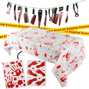 spooktacular creations halloween party decoration set, including bloody tablecover, weapon garland, bloody clings and caution tapes, 5 piece