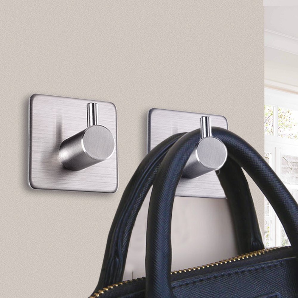 Adhesive Hooks Heavy Duty Wall Hooks Waterproof Stainless Steel Hooks for Hanging Coat, Hat,Towel Robe Hook Rack Wall Mount- Bathroom and Bedroom 4-Packs