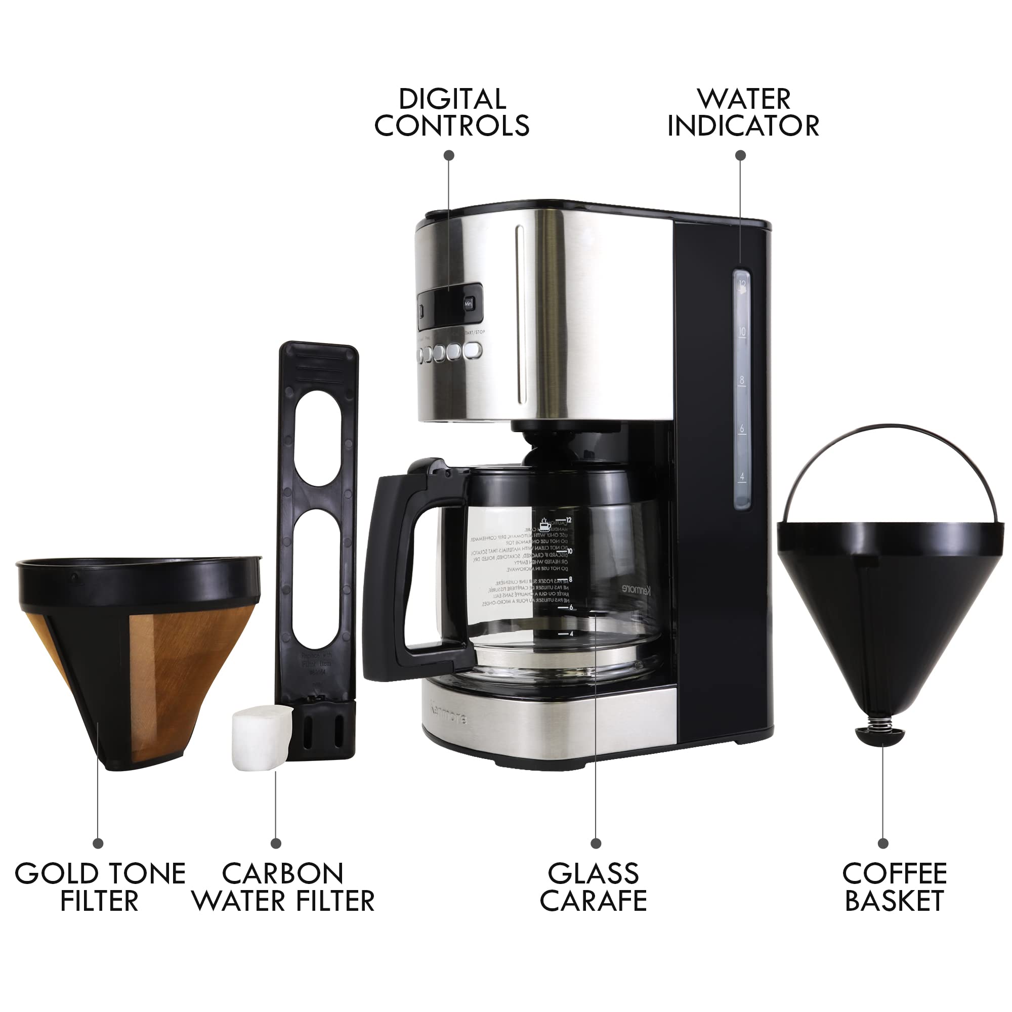 Kenmore Aroma Control Programmable 12-cup Coffee Maker, Stainless Steel/Black with Glass Carafe, LCD Display, Reusable Cone Filter, and Charcoal Water Filter