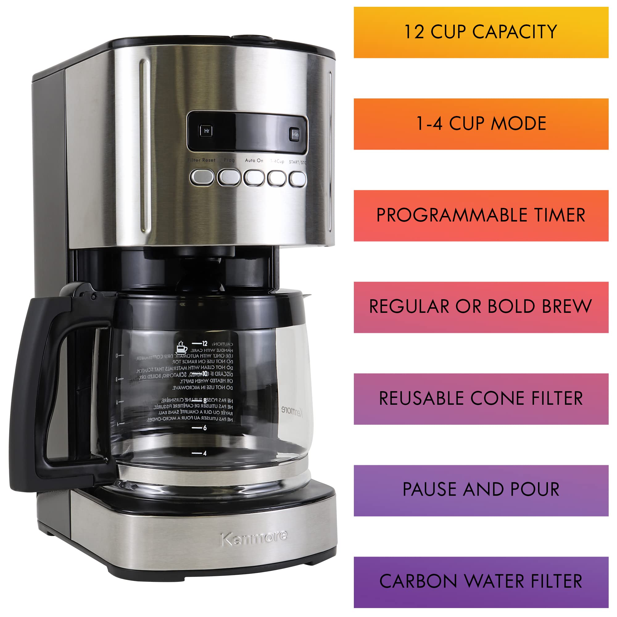 Kenmore Aroma Control Programmable 12-cup Coffee Maker, Stainless Steel/Black with Glass Carafe, LCD Display, Reusable Cone Filter, and Charcoal Water Filter