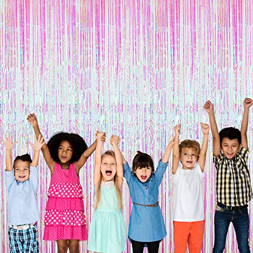 GOER 3.2 ft x 9.8 ft Metallic Tinsel Foil Fringe Curtains Party Photo Backdrop Party Streamers for Birthday,Graduation,New Year Eve Decorations Wedding Decor (Iridescent,1 Pack)