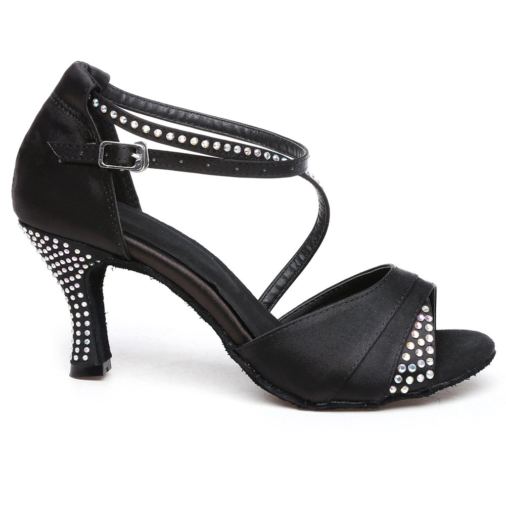 Pierides Women's Peep Toe Sandals Latin Salsa Tango Practice Ballroom Dance Shoes with 2.75" Heel,Satin,11 B(M) US Black
