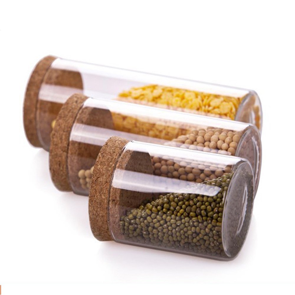 Newerlives Air Tight Storage Jar, Glass Storage Tank with a Natural Bamboo Lid, 450 ML, 650 ML, 950 ML (Cork, 450ML)