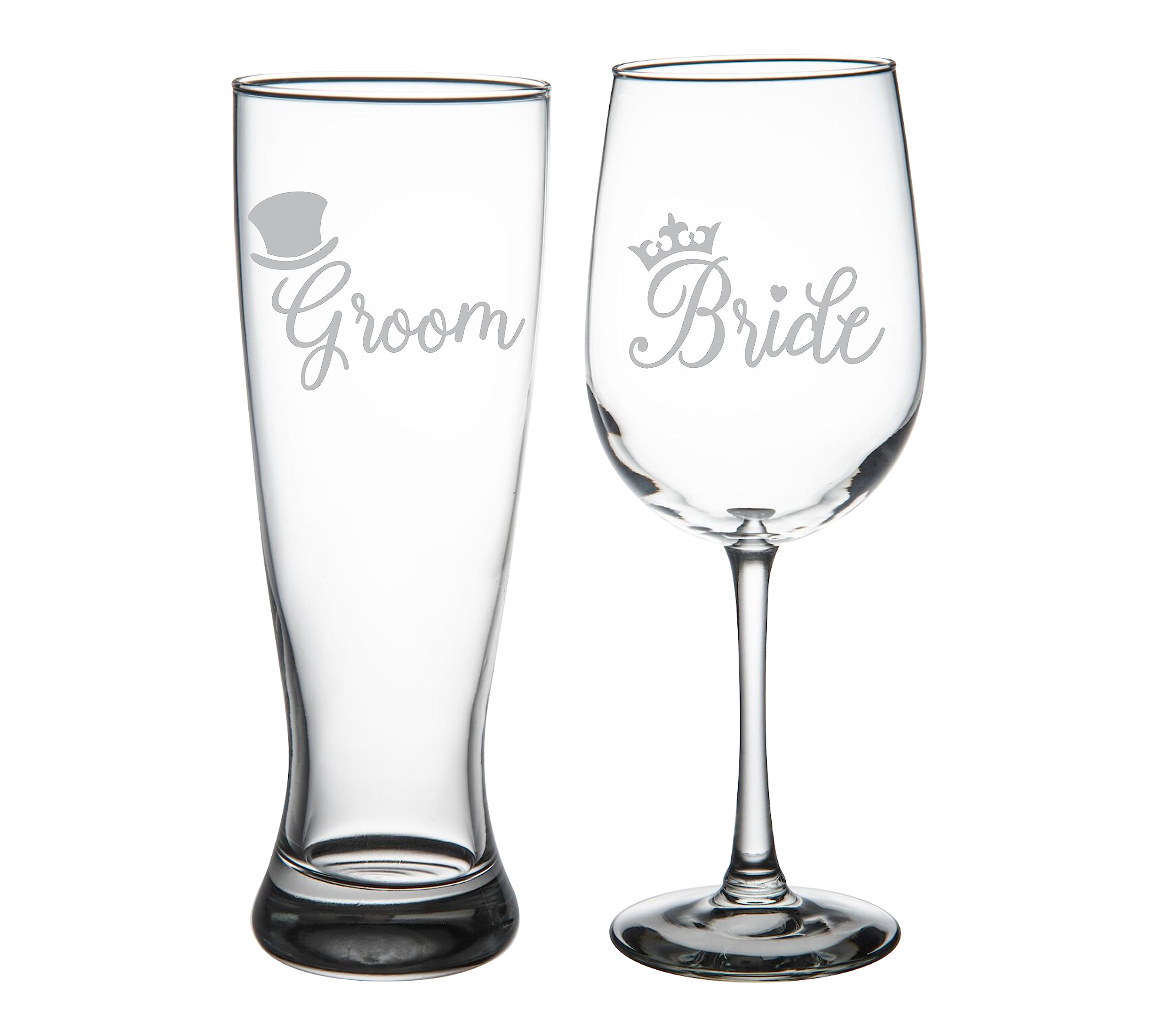 C & M Personal Gifts Wine Glasses (Set of 2) Bride and Groom with Top Hat and Crown Engraved Wedding Glass Set