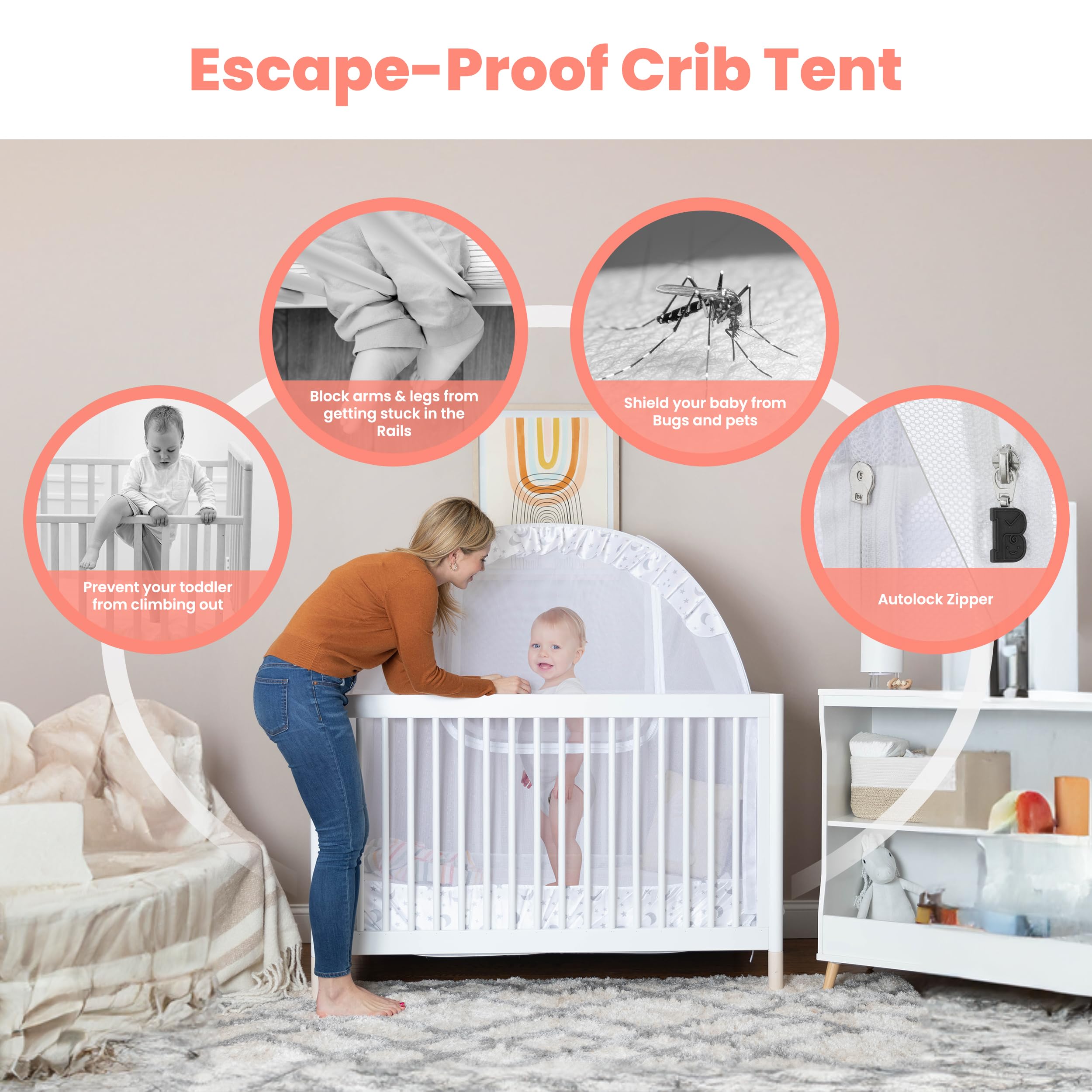 Pro Baby Safety Premium Pop Up Crib Tent, Crib Cover to Keep Baby from Climbing Out, Falls and Mosquito Bites, Safety Net, Canopy Netting Cover - Sturdy & Stylish Infant Crib Topper, Mosquito Net