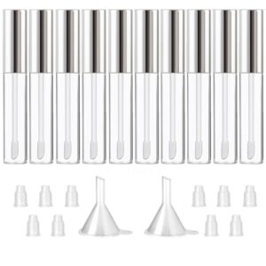 gther 10pcs 10ml empty lip gloss containers tube with wand, refillable lip balm bottles, lipstick sample container and funnel and rubber stoppers for girls diy lip samples, silver top