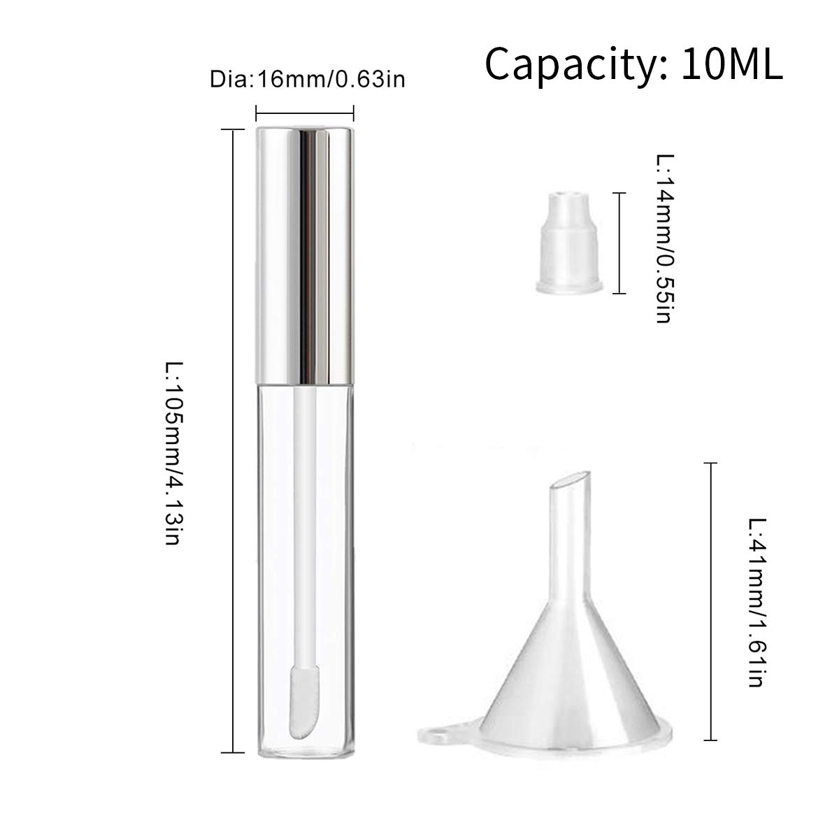 GTHER 10PCS 10ML Empty Lip Gloss Containers Tube with Wand, Refillable Lip Balm Bottles, Lipstick Sample Container and Funnel and Rubber Stoppers for Girls DIY Lip Samples, Silver Top