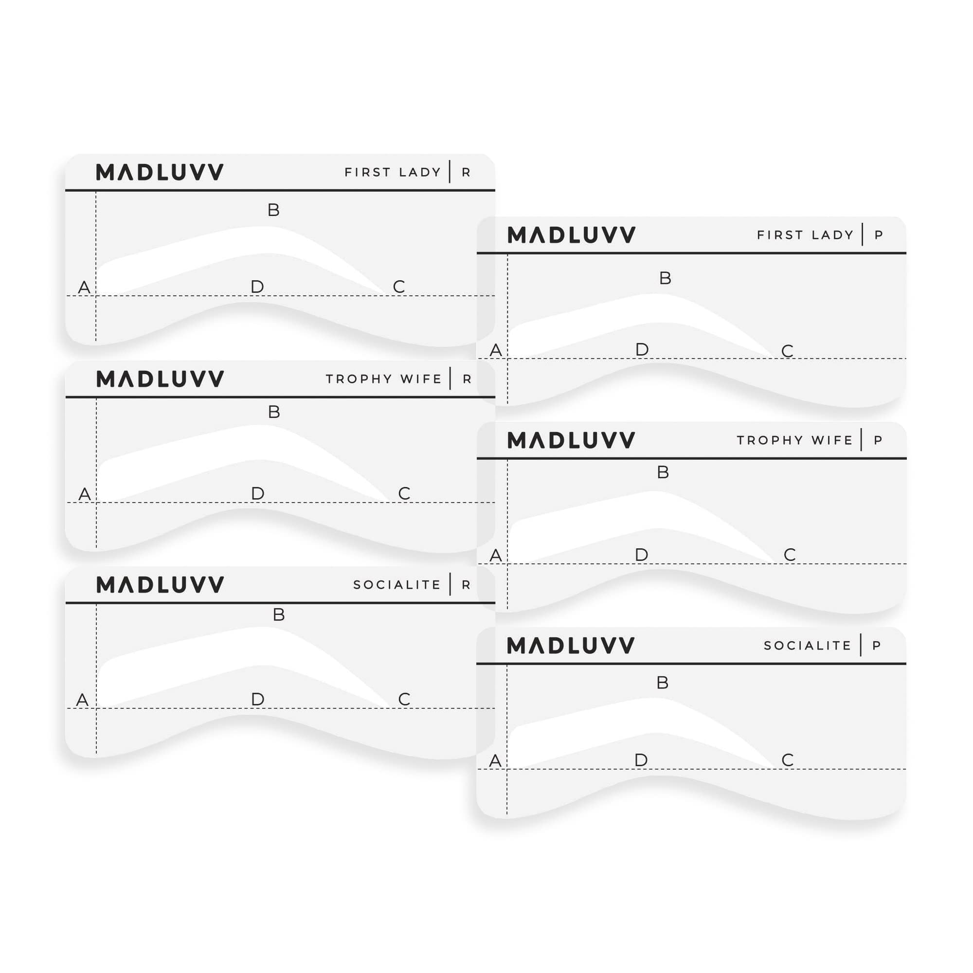 MADLUVV Eyebrow Shaper Stencils, Reusable Brow Mapping Template for PMU Professionals, Semi-Permanent Makeup Mapping, 6 Stencils (3 Stencil Shapes in Both Petite and Regular Sizes) - Classic Set