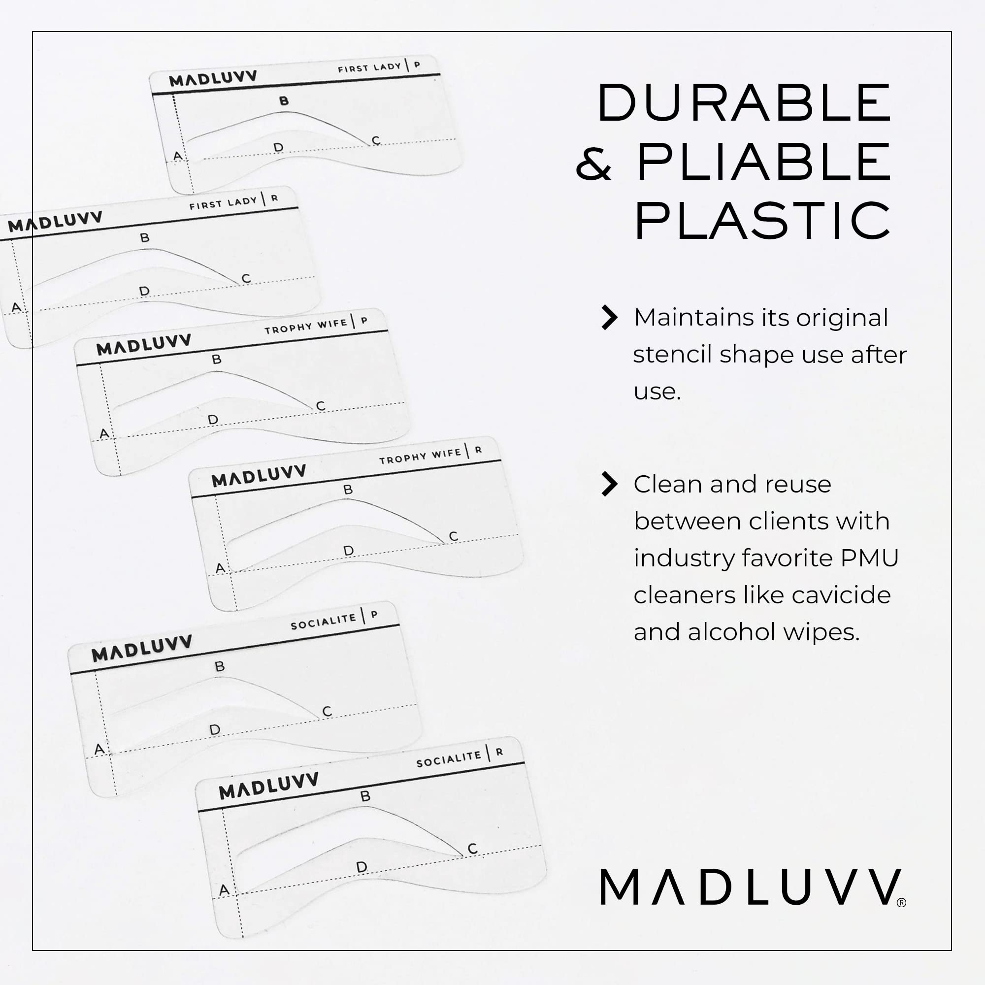 MADLUVV Eyebrow Shaper Stencils, Reusable Brow Mapping Template for PMU Professionals, Semi-Permanent Makeup Mapping, 6 Stencils (3 Stencil Shapes in Both Petite and Regular Sizes) - Classic Set