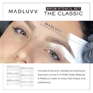 MADLUVV Eyebrow Shaper Stencils, Reusable Brow Mapping Template for PMU Professionals, Semi-Permanent Makeup Mapping, 6 Stencils (3 Stencil Shapes in Both Petite and Regular Sizes) - Classic Set