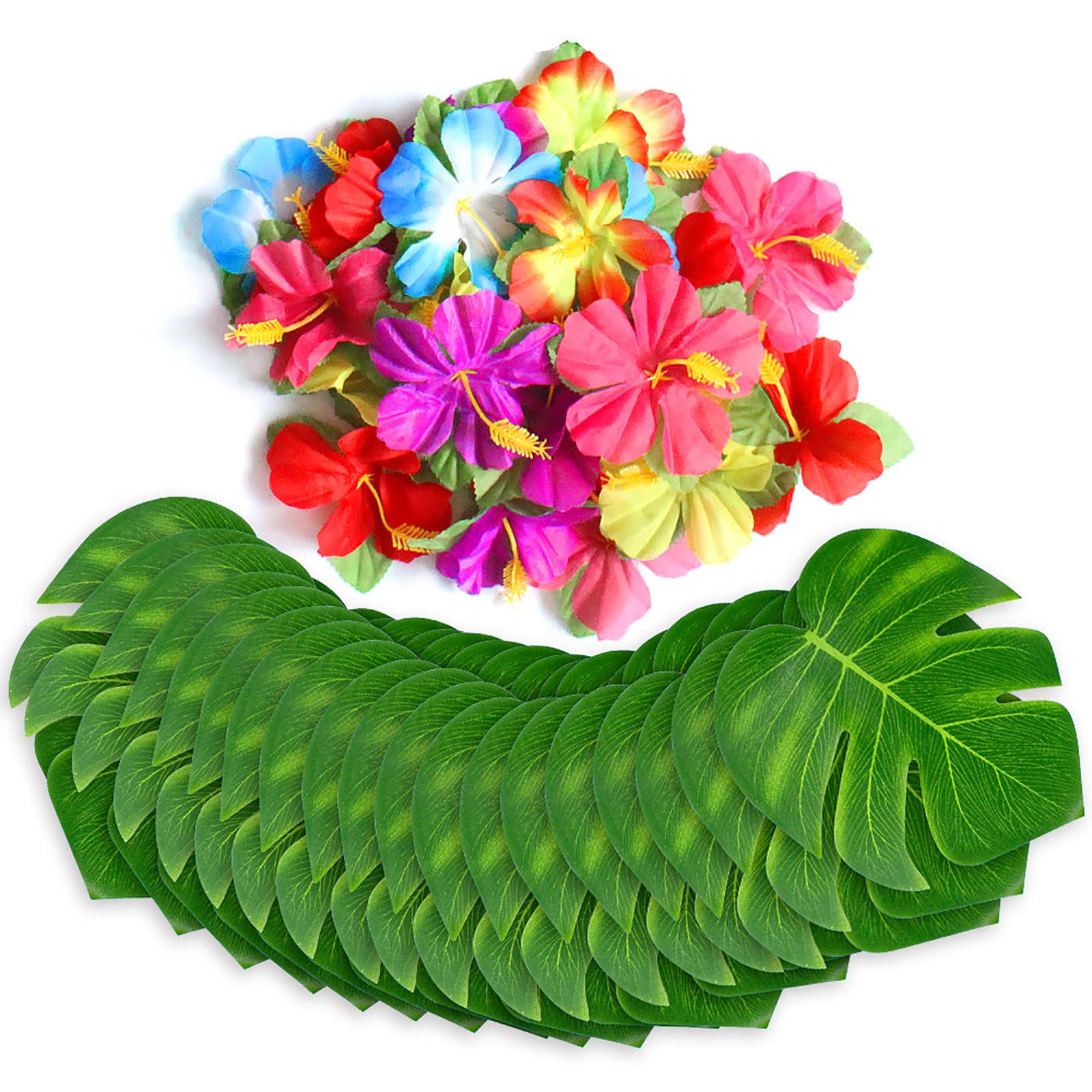 60Pcs Tropical Party Decorations Supplies Tropical Palm Leaves Hibiscus Flowers Simulation Artificial Leaf for Hawaiian Luau Safari Party Jungle Beach Theme BBQ Birthday Table Decor