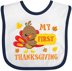 inktastic my first thanksgiving with turkey and leaves baby bib white and navy 2c777